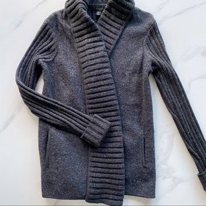Charcoal Wool open cardigan ribbed sleeves collar